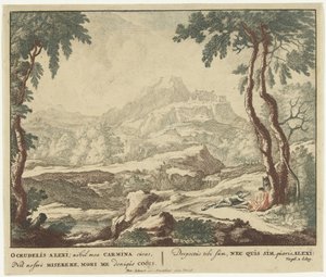 Landskap med to gjetere ved et tre Scener fra Virgils diktsamling Bucolica (serietittel) av Jan van Call (I)