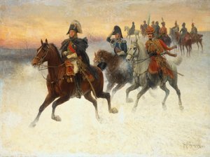 Marshal Ney og Napoleon og deres tropper under den russiske kampanjen (olje på lerret)