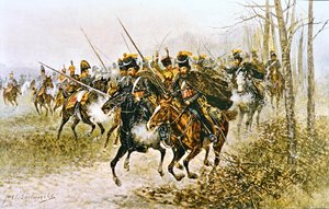 Napoleon og hans stab overrasket av kosakker (akvarell på papir)
