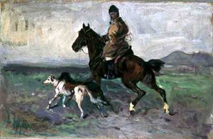 Rytter med Greyhounds, ca. 1890 (olje om bord)
