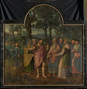 Døperen Johannes formaner fariseerne, sentralpanel i en triptyk av Jan van Coninxloo (II)