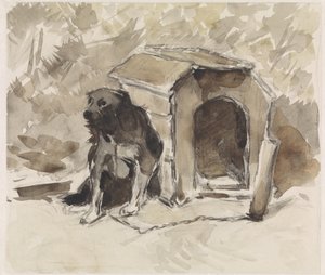 Hund som sitter i bånd foran kennelen sin