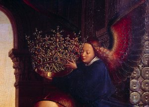 En engel som kroner jomfruen. Detalj av "" Jomfruen til kansler Rolin""" Nicolas Rolin (1376-1461) var kansler i Burgund under Philippe Le Bon og grunnlegger av Hospices de Beaune i 1443. Maleri av Jan van Eyck (1390-1441) av Jan van Eyck