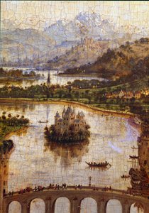 Landskap”” Detalj av “” Jomfruen til kansler Rolin””” Nicolas Rolin (1376-1461) var kansler i Burgund under Philippe Le Bon og grunnlegger av Hospices de Beaune i 1443. Maleri av Jan van Eyck (1390-1441) av Jan van Eyck