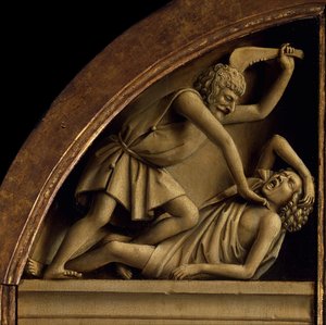 Gent-altertavlen. Tilbedelse av det mystiske lam: Kain dreper Abel, 1432. av Jan van Eyck