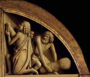 Ghent-altertavlen. Tilbedelse av det mystiske lam: Kains og Abels offer, 1432. av Jan van Eyck