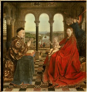 Jomfruen til kansler Rolin Nicolas Rolin (1376-1461) var kansler i Burgund under Philippe Le Bon og grunnlegger av Hospices de Beaune i 1443. Maleri av Jan van Eyck (1390-1441). 1400-tallets søn. 0,66x0,62 m Paris, - Jomfruen til kansler R av Jan van Eyck