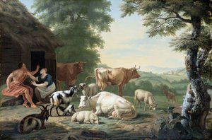 Arkadisk landskap med hyrder og storfe av Jan van Gool