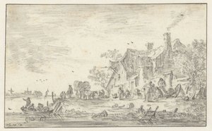 Gård ved bredden av en elv av Jan van Goyen
