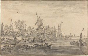 Forstrandscene med vindmølle av Jan van Goyen