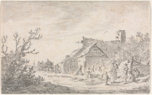 Landskap med hytte og figurer