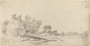 Elvelandskap med en fjern bro av Jan van Goyen