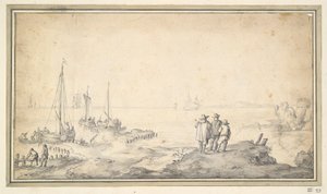 Tre figurer på en sanddyne med utsikt over bukten med skip av Jan van Goyen