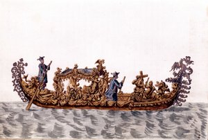 En kongelig gondol. Akvarelltegning og blekk fra manuskriptet "Venitianernes skikker"" av Jan van Grevenbroek (eller Giovanni Grevenbroich (Grevenbroich) (1731-1807) av Jan van Grevenbroeck