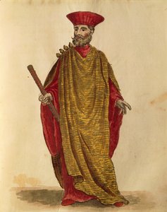 Capitano Generale Da Mar (generalkaptein for marinen) av Serenissima-republikken Venezia, av Jan van Grevenbroeck eller Giovanni Grevembroch (1731-1807), Gli Donne de Veneziani, fra illustrert kostymebok, akvarell av Jan van Grevenbroeck