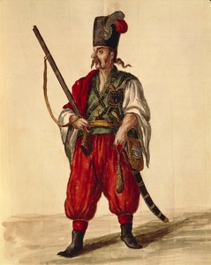 Karabinuniform, av Jan van Grevenbroeck eller Giovanni Grevembroch (1731-1807), Gli Donne de Veneziani, fra illustrert kostymebok, akvarell av Jan van Grevenbroeck