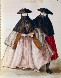 Karnevalskarakterer i Venezia, illustrasjon fra illustrert bok med venetianske kostymer, av Jan Grevenbroeck (1731-1807), akvarell, Italia