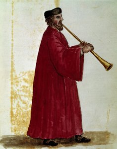 Fløytespiller Akvarelltegning og blekk fra manuskriptet "Customs of Venitians"" av Jan van Grevenbroek (eller Giovanni Grevenbroich (Grevenbroich) (1731-1807) av Jan van Grevenbroeck