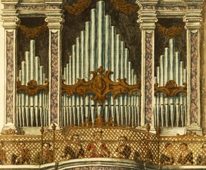 Orgel, detalj fra kantate av putte, av Giovanni Grevembroch. Italia av Jan van Grevenbroeck