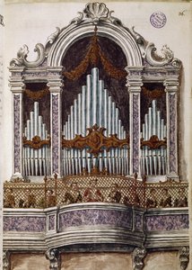 Foreldreløse som synger, orgel for koret i kirken Ospedale della Pieta, Venezia (koret av foreldreløse barn) Akvarelltegning og blekk fra manuskriptet "Venitianernes skikker"" av Jan van Grevenbroeck (eller Giovanni Grevembroch (Grevenbroch) (1731- 1807) av Jan van Grevenbroeck