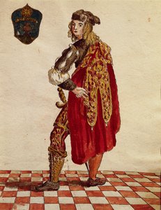 Drakt av ridder av Confraternity de la Calza (Stocking) i 1564, av Jan van Grevenbroeck eller Giovanni Grevembroch (1731-1807), Gli Abiti de Veneziani, fra illustrert bok med kostymer, akvarell av Jan van Grevenbroeck