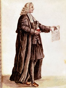 Apotekeren holder i hendene et lite hetteglass og en resept Tegner en akvarell og blekk fra et manuskript av Jan van Grevenbroeck (eller Giovanni Grevembroch (Grevenbroch) (1731-1807) av Jan van Grevenbroeck