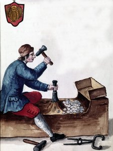 Produksjon av mynter fra Republikken Venezia: pregestadium. Akvarelltegning og blekk fra manuskriptet "Venitianernes skikker"" av Jan van Grevenbroeck (eller Giovanni Grevembroch (Grevenbroch) (1731-1807) av Jan van Grevenbroeck