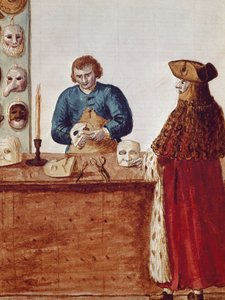 Maskebutikken til karnevalet i Venezia: en maskefigur kommer for å hente en maske fra håndverkeren Akvarelltegning og blekk fra et manuskript av Jan van Grevenbroeck (eller Giovanni Grevembroch (Grevenbroch) (1731-1807)