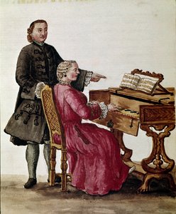 Sangeren (Operasangeren som spiller piano) Akvarelltegning og blekk er hentet fra Jan van Grevenbroeck (eller Giovanni Grevembroch (Grevenbroch) (1731-1807) av Jan van Grevenbroeck
