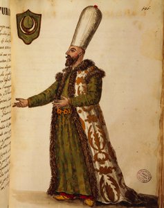 Tyrkisk ambassadør i Venezia, farget gravering av Giovanni di Grevembroch, fra Gli abbigliamento de veneziani (kostymer til venetianere), bind II, plate 121 av Jan van Grevenbroeck