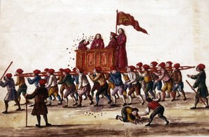 Venetianske fester. Prinsen som nettopp er valgt blir båret i triumf av Arsenal-arbeiderne til Markusplassen. I løpet av kurset kaster han mynter på mengden. Akvarelltegning og blekk er hentet fra manuskriptet "Venitianernes skikker"" av av Jan van Grevenbroeck