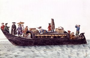 Venezia lagunebåt for transport av mennesker og varer. Akvarelltegning og blekk fra manuskriptet "Venitianernes skikker"" av Jan van Grevenbroeck (eller Giovanni Grevembroch (Grevenbroch) (1731-1807) av Jan van Grevenbroeck