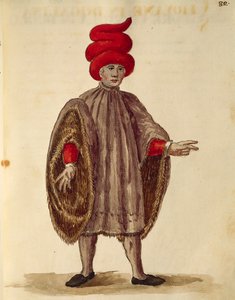 Ung mann iført "Dogalina", formell kappe med vide ermer, av Jan van Grevenbroeck eller Giovanni Grevembroch (1731-1807), Gli Abiti de Veneziani, fra illustrert kostymebok, akvarell av Jan van Grevenbroeck