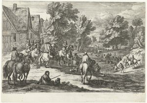 Utsikt over en landsby med ryttere i forgrunnen av Jan van Huchtenburg