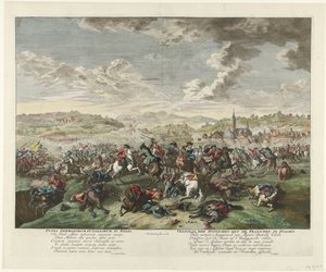 Rytterkamp i Nord-Italia, ca. 1702-1703 Pugna Germanorum et Gallorum in Italia / Slaget om tyskerne med franskmennene i Italia (tittel på objekt) av Jan van Huchtenburg