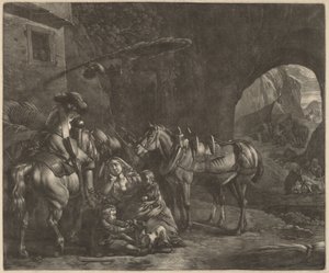 Mor med to barn og en hest foran et vertshus av Jan van Huchtenburgh