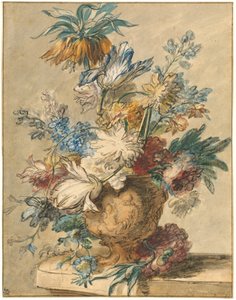 Bukett med vårblomster i en terrakottavase av Jan van Huysum