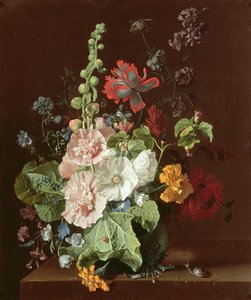 Stokroser og andre blomster i en vase, 1702-20