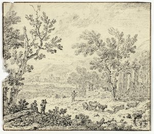 Landskap med geiter, geitegjeter og ruiner av Jan van Huysum