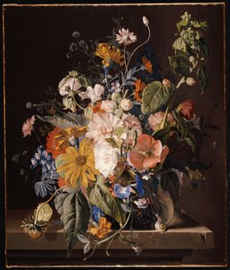 Valmuer, stokkrose, Morning Glory, bratsj, tusenfryd, søte erter, ringblomster og andre blomster i en vase med en snegl på en avsats