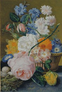 Roser, morning glory, narcissi, aster og andre blomster i en kurv, med egg i et rede på en marmorhylle, 1744