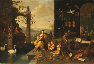 A Personification of Music: En ung kvinne som spiller en lut på en terrasse foran et åpent galleri