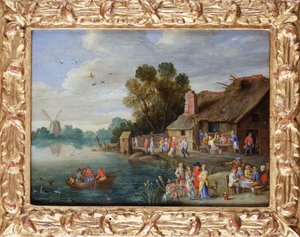 Et elvelandskap med herrer på et Village Inn av Jan van Kessel