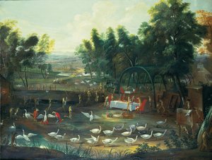 Et festlig champeter av rever og svaner av Jan van Kessel