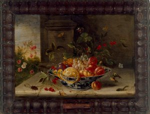 Dekorativ stilleben-komposisjon med porselensskål, frukt og insekter, midten av 1600-tallet av Jan van Kessel