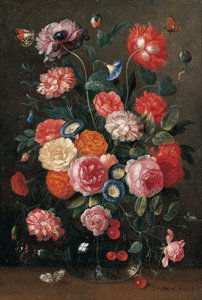 Roser, nelliker, morgenfrue, en valmue og en kvist med kirsebær i en glassvase, en veggbrun, en oransje spiss, en rød admiral og en skjæresommerfugl på et bord, 1676 av Jan van Kessel