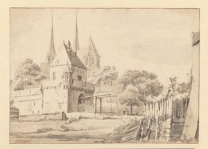 Utsikt over Bergpoort og Bergkerk i Deventer av Jan van Kessel