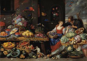 Frukt- og grønnsaksmarked med en ung fruktselger av Jan van Kessel d.Æ.