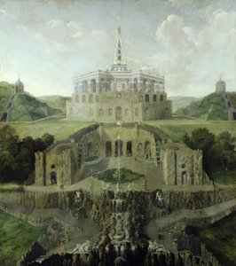 Utsikt fra Riesenkopf-fossene over den forvrengte vanngrotten til oktogonen, etter 1716