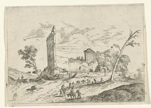 Landskap med romerske ruiner og eselgjetere av Jan van Ossenbeeck (attributed to)